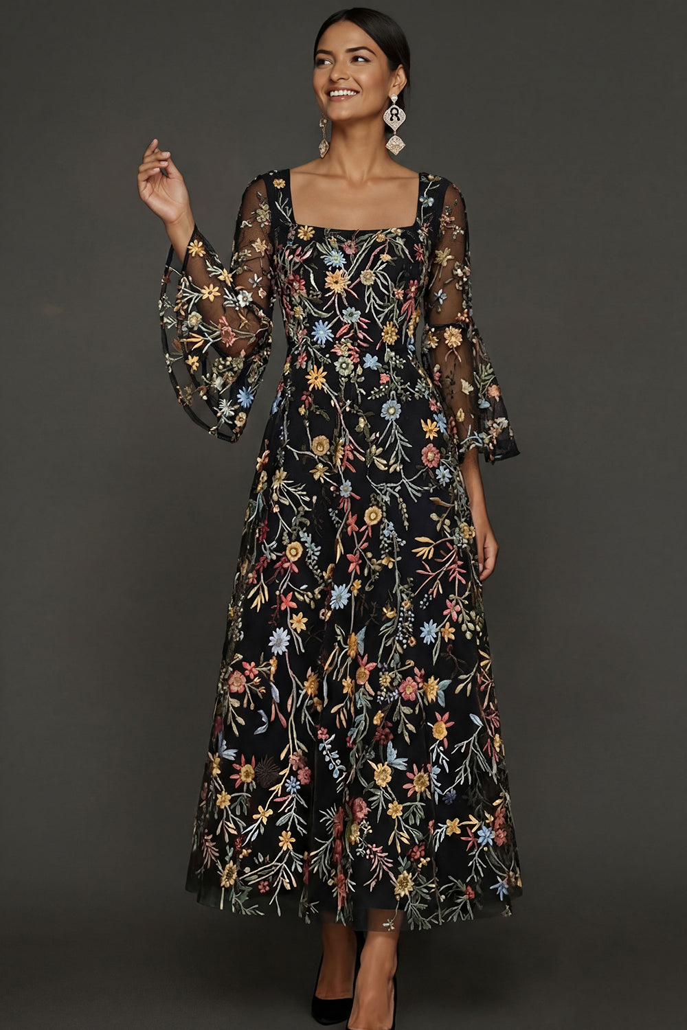 Mauve Floral A-Line Embroidered Flutter Sleeve Long Prom Dress