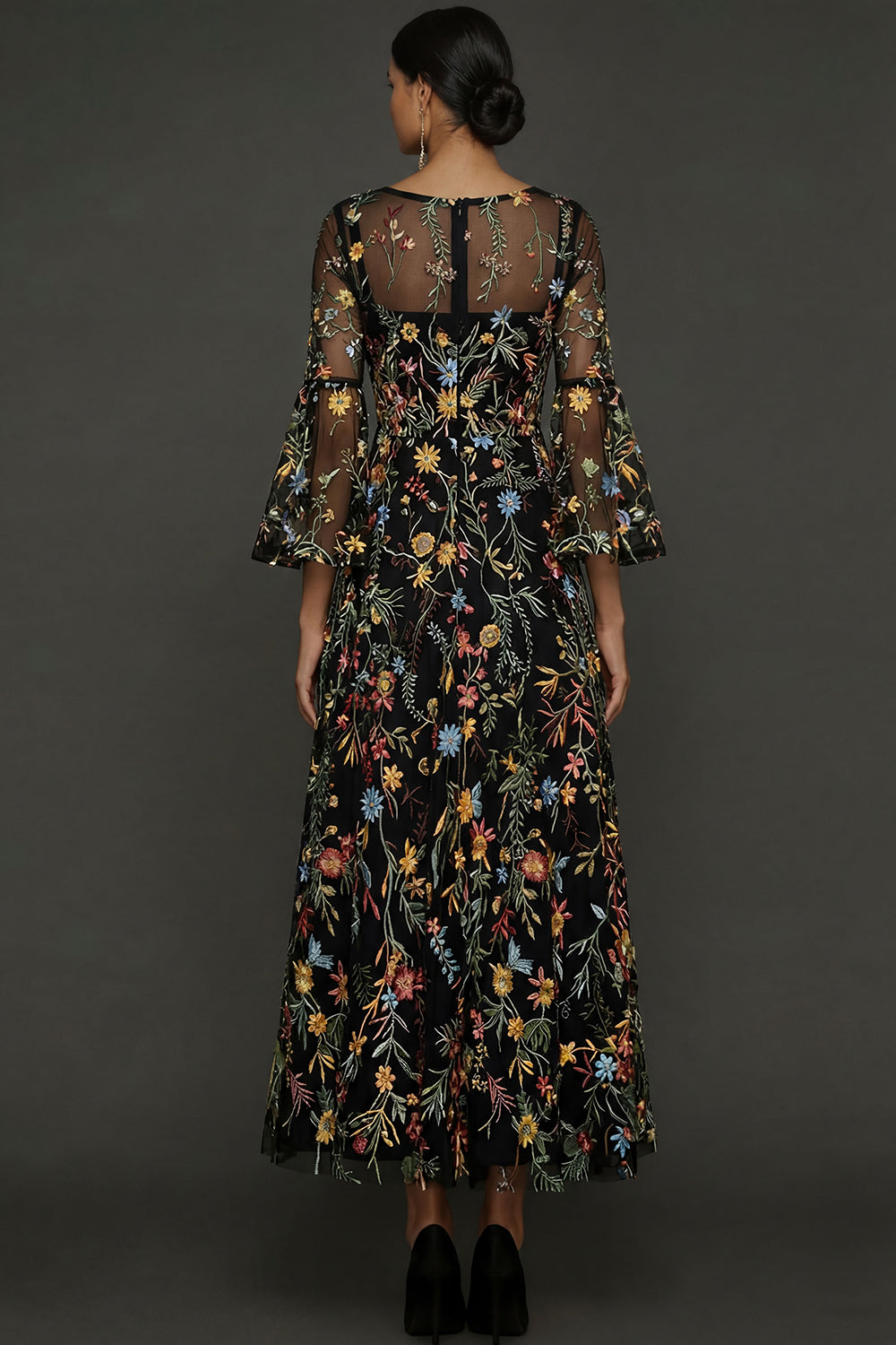 Mauve Floral A-Line Embroidered Flutter Sleeve Long Prom Dress