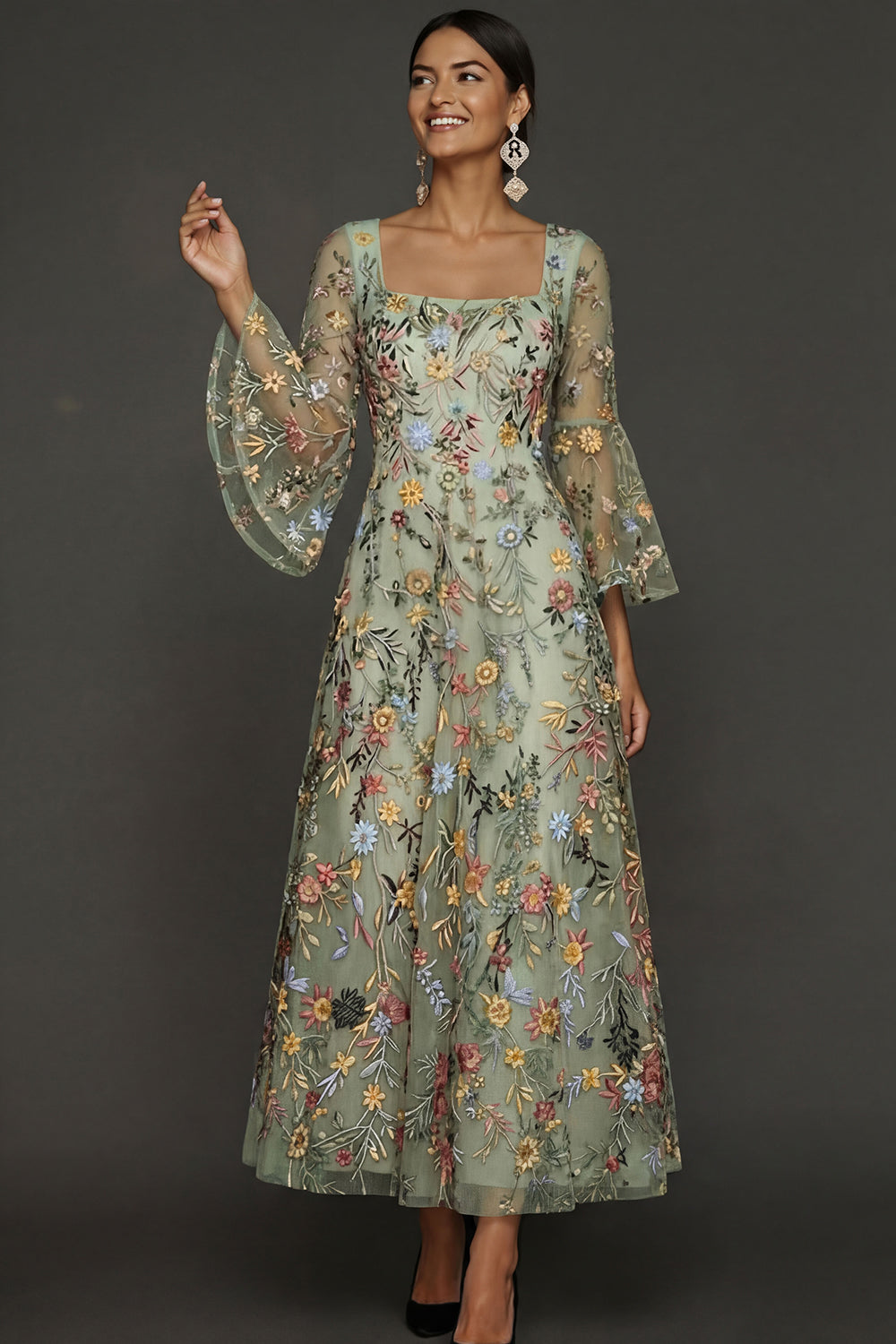 Mauve Floral A-Line Embroidered Flutter Sleeve Long Prom Dress