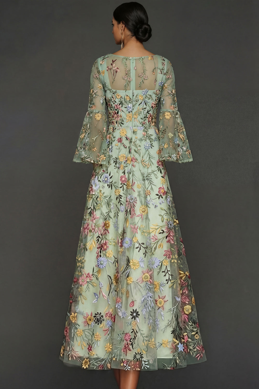 Mauve Floral A-Line Embroidered Flutter Sleeve Long Prom Dress