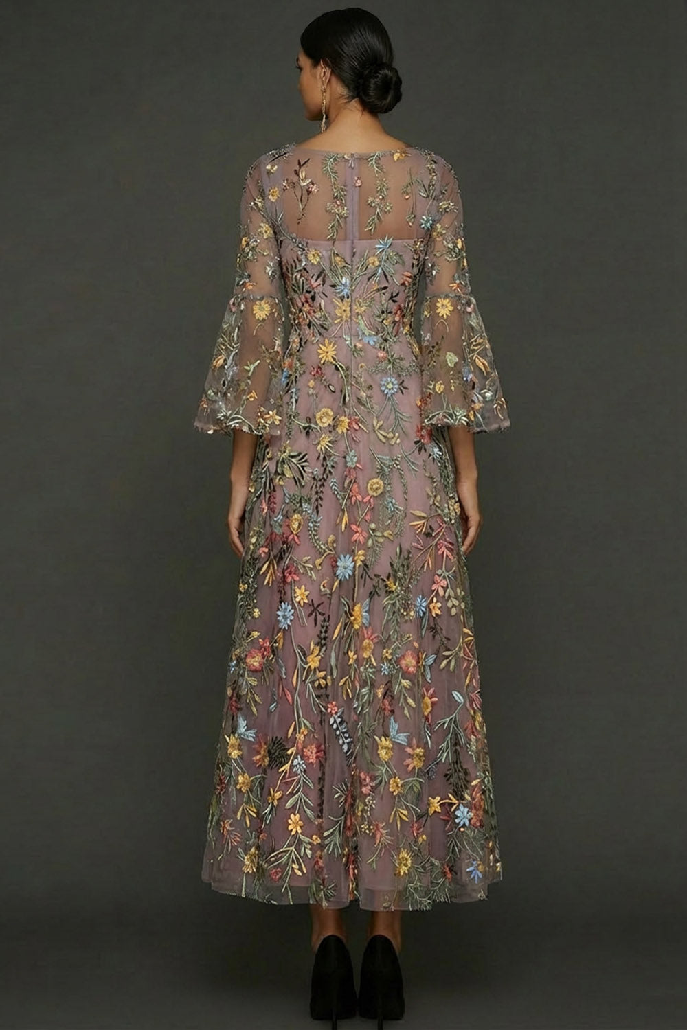 Mauve Floral A-Line Embroidered Flutter Sleeve Long Prom Dress