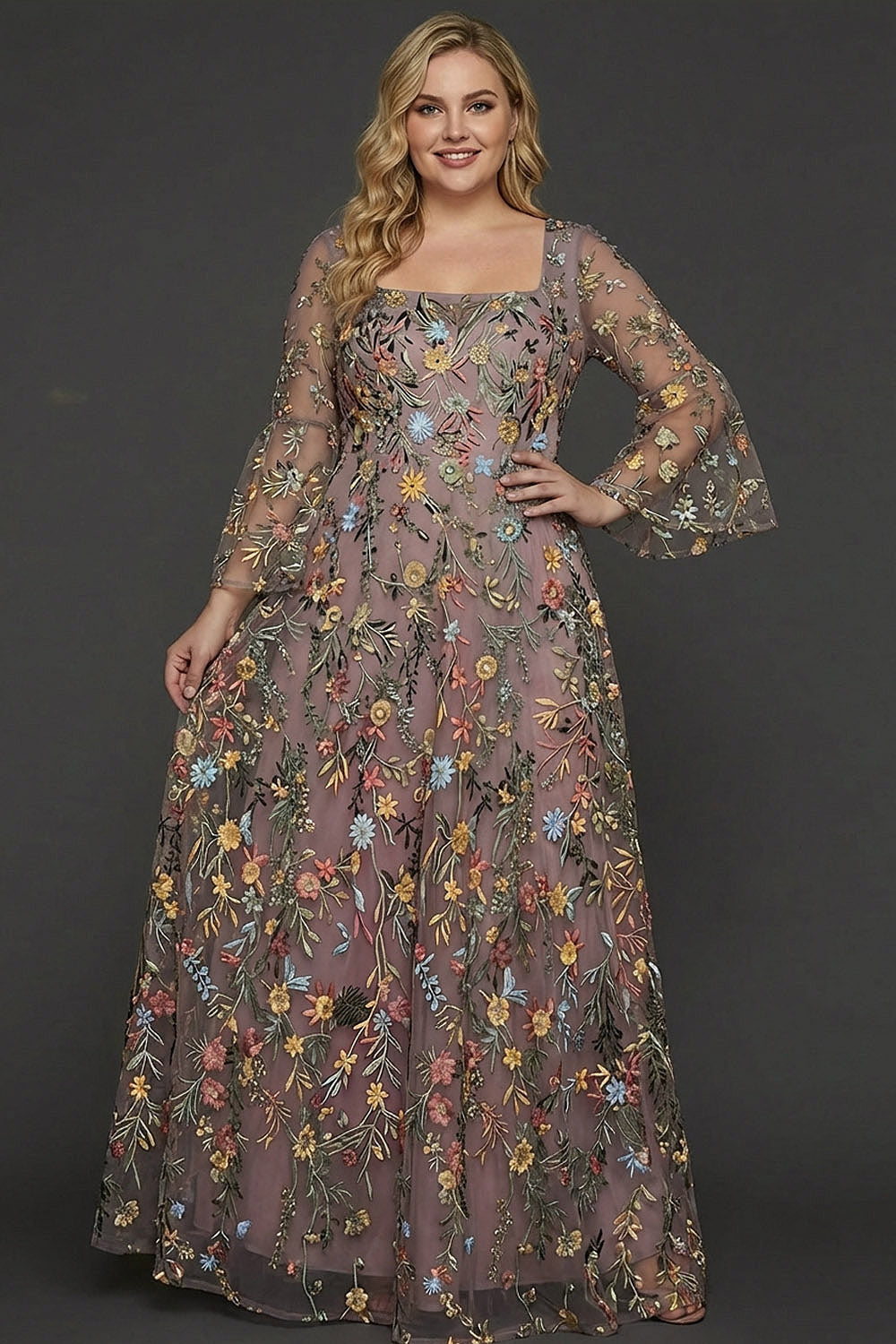 Mauve Floral A-Line Embroidered Flutter Sleeve Long Prom Dress