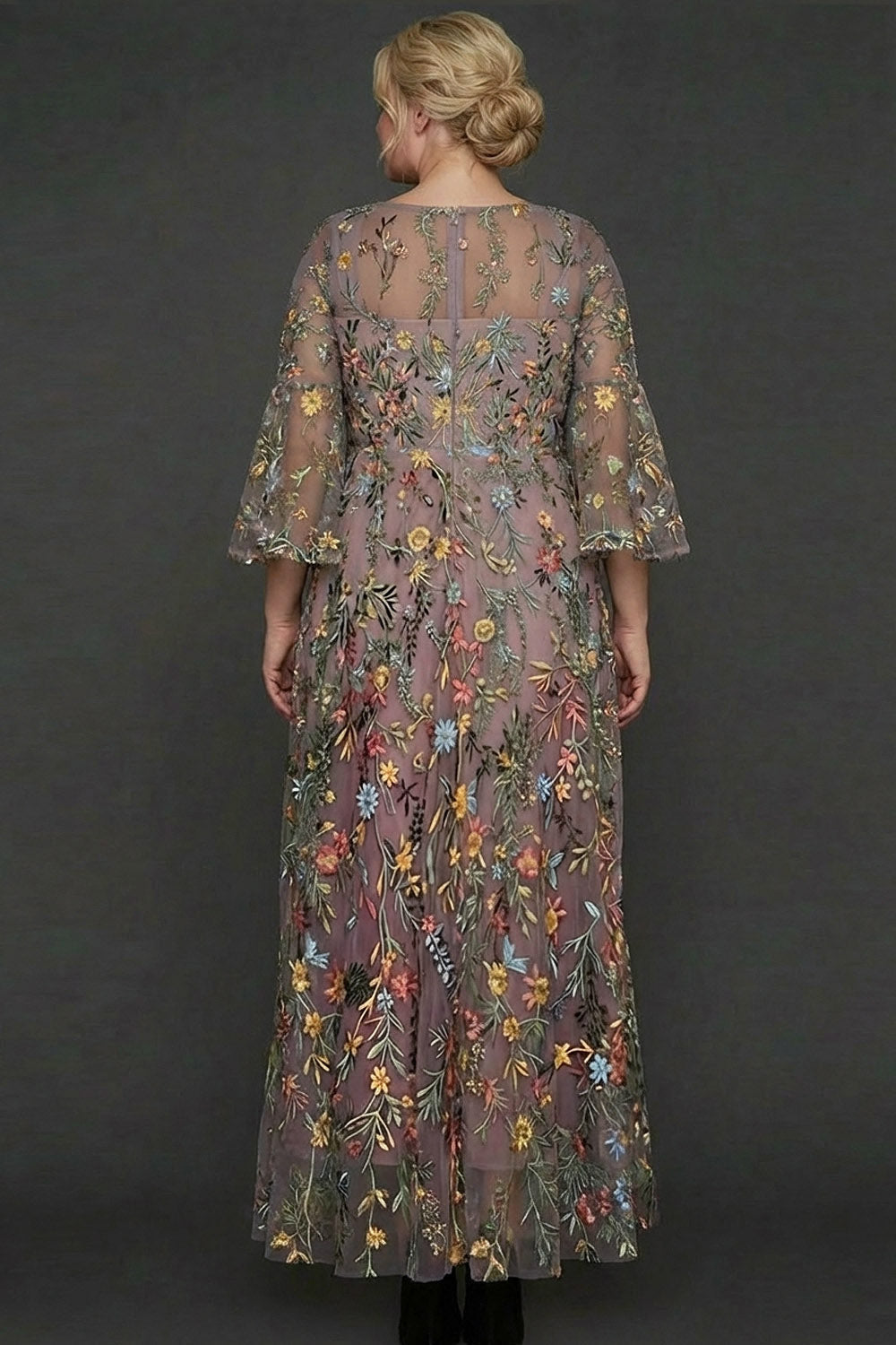 Mauve Floral A-Line Embroidered Flutter Sleeve Long Prom Dress