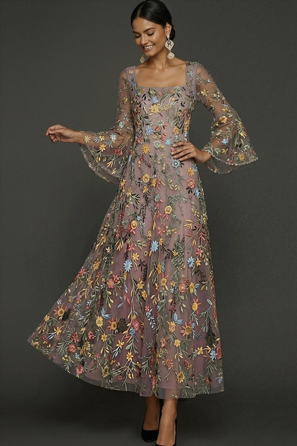Mauve Floral A-Line Embroidered Flutter Sleeve Long Prom Dress