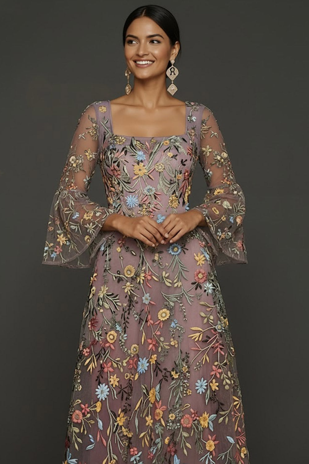 Mauve Floral A-Line Embroidered Flutter Sleeve Long Prom Dress