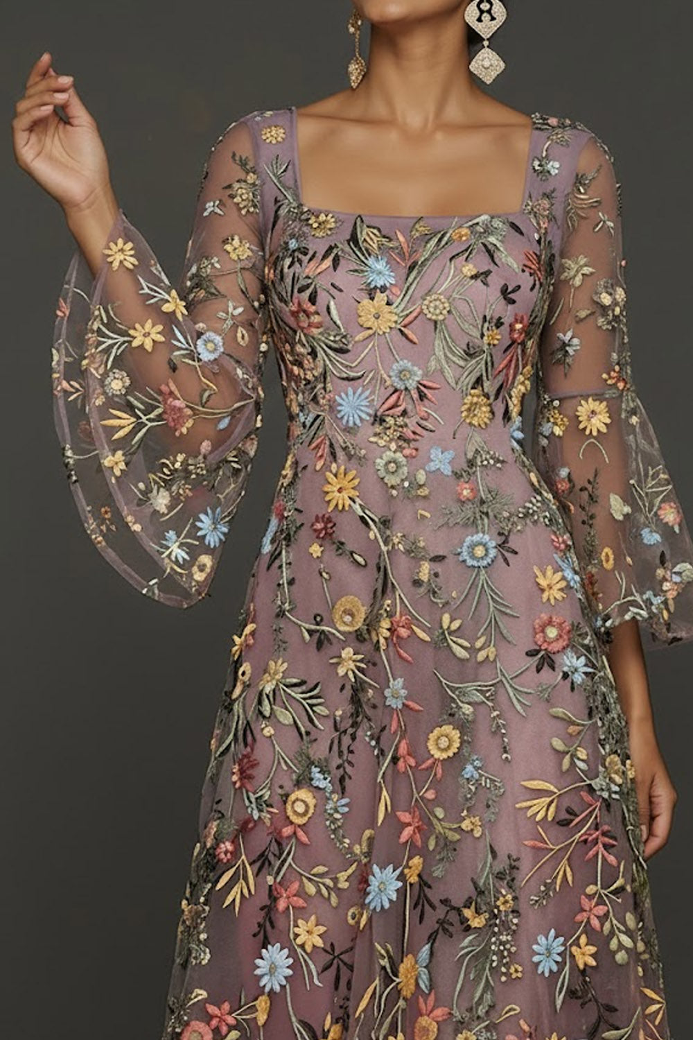 Mauve Floral A-Line Embroidered Flutter Sleeve Long Prom Dress