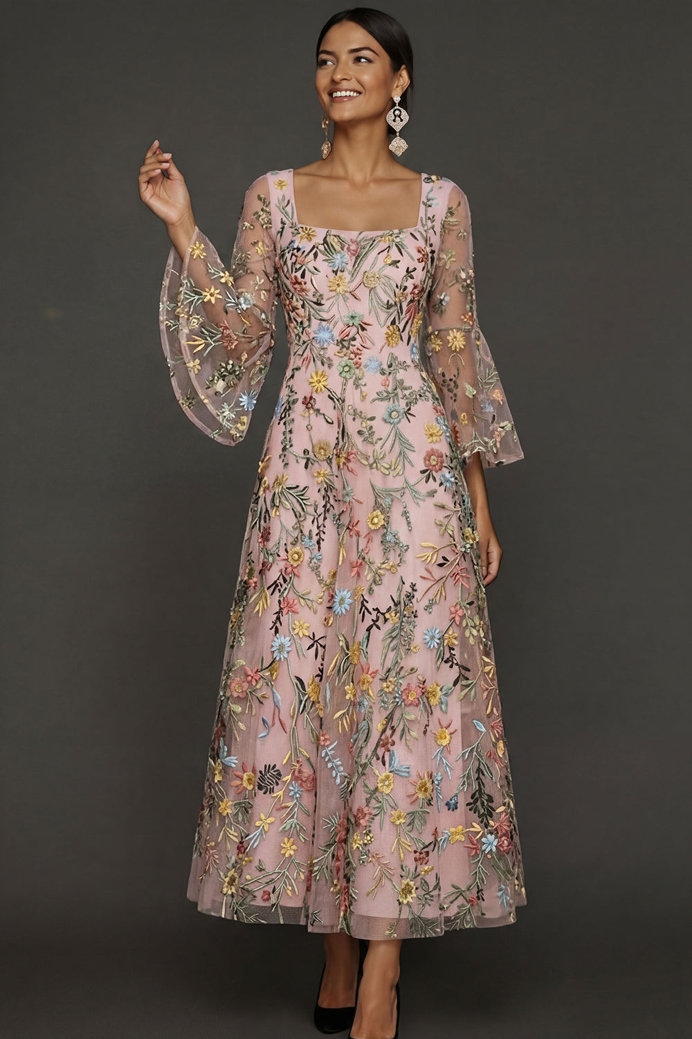 Mauve Floral A-Line Embroidered Flutter Sleeve Long Prom Dress