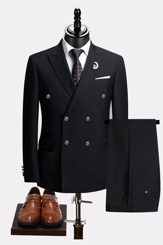 Costumes Homme 2 Pièces Noir Revers Pointus Double Boutonnage avec Manches