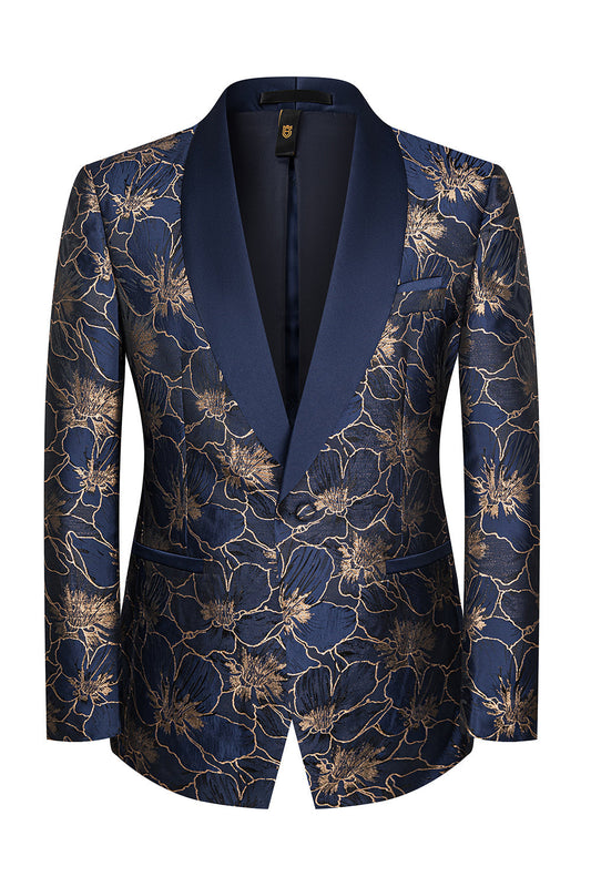 Costumes Homme Floraux Revers Bleu Châle Un Bouton