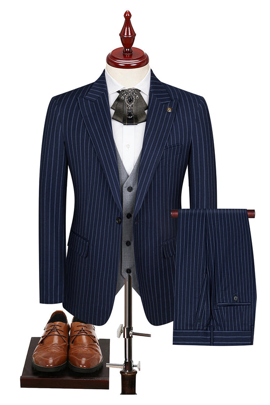 Costumes de bal pour hommes 3 pièces bleu avec revers cranté à un bouton
