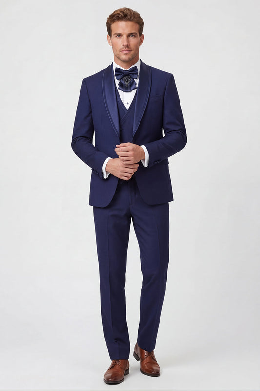 Costumes de bal pour homme 3 pièces bleus à revers châle et un bouton