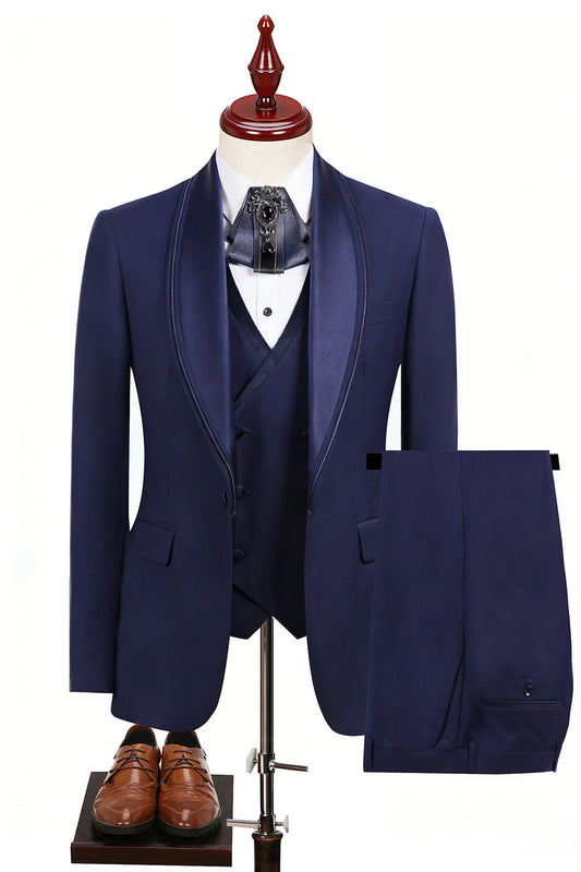 Costumes de bal pour homme 3 pièces bleus à revers châle et un bouton