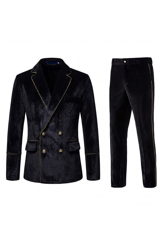 Costume homme en velours noir à revers crantés et à double boutonnage