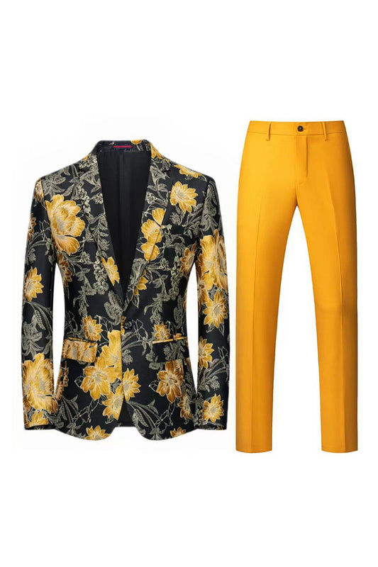 Yellow Floral 2-Piece One Button Notched Lapel Men's Prom Suits
