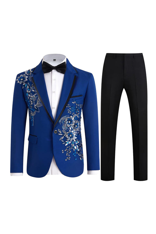 Costume de bal deux pièces bleu pour homme avec revers cranté et un bouton à sequins