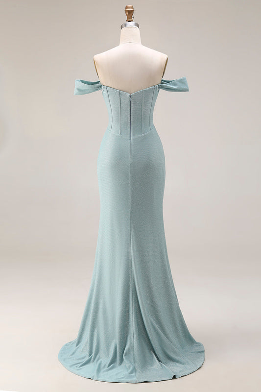 Robe de bal longue Dusty Green sirène bustier épaules dénudées avec fente