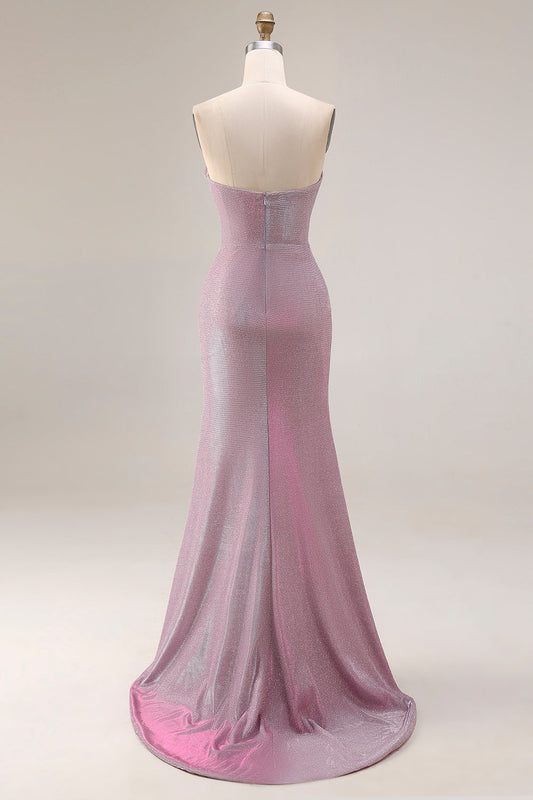 Dusty Plum Strapless Mermaid Ruched Long Prom Dress with Slit