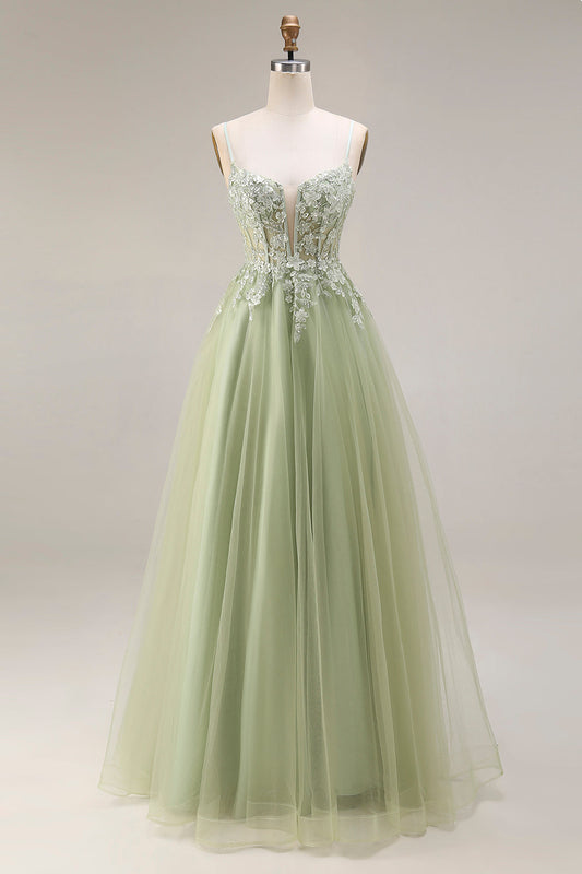 Robe De Bal Longue Vert Clair En Tulle Coupe A Avec Corset Appliqué Et Bretelles Fines