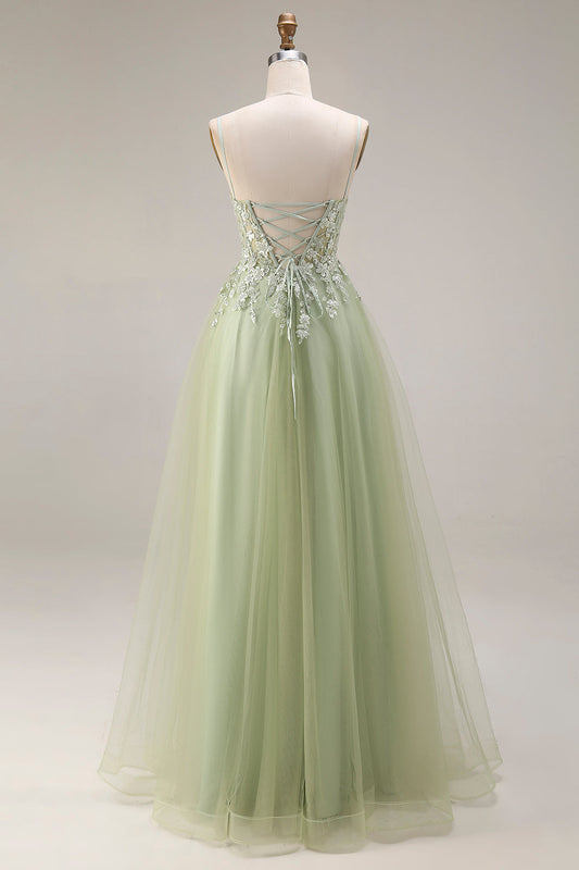 Robe De Bal Longue Vert Clair En Tulle Coupe A Avec Corset Appliqué Et Bretelles Fines