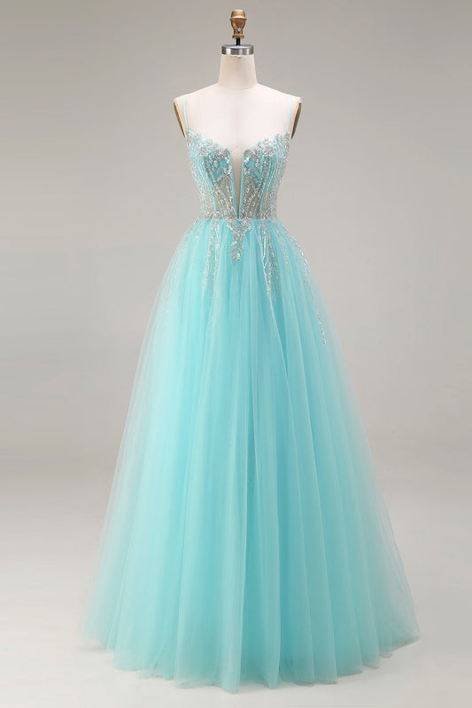 Robe de bal longue en tulle transparent couleur menthe, coupe trapèze, avec corset à sequins, perles et laçage au dos