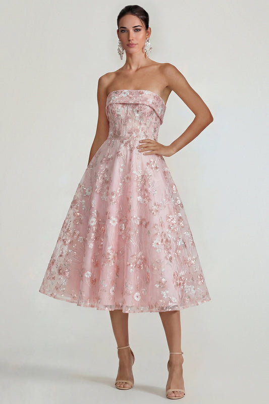 Robe midi évasée bustier rose avec appliqués de fleurs scintillantes
