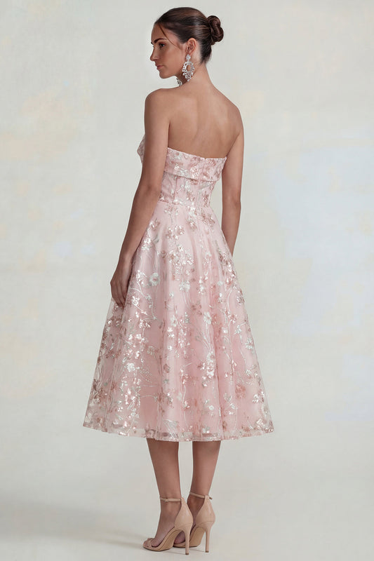 Robe midi évasée bustier rose avec appliqués de fleurs scintillantes