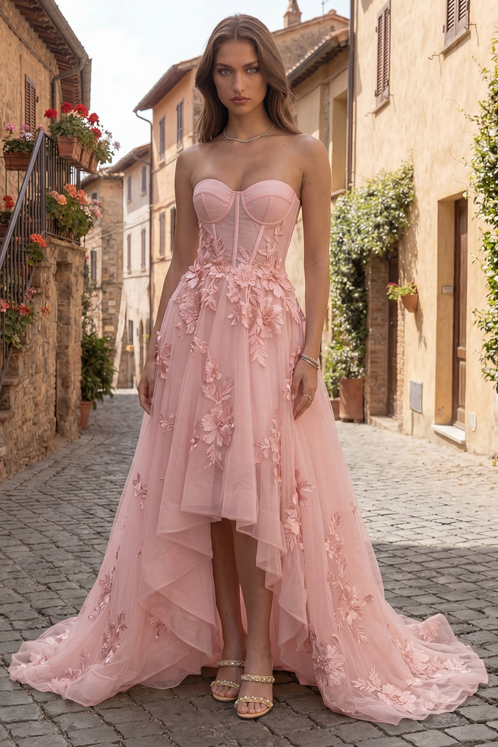 Yellow Strapless A Line Tulle Corset High-Low Prom Dress with Floral Embroidery