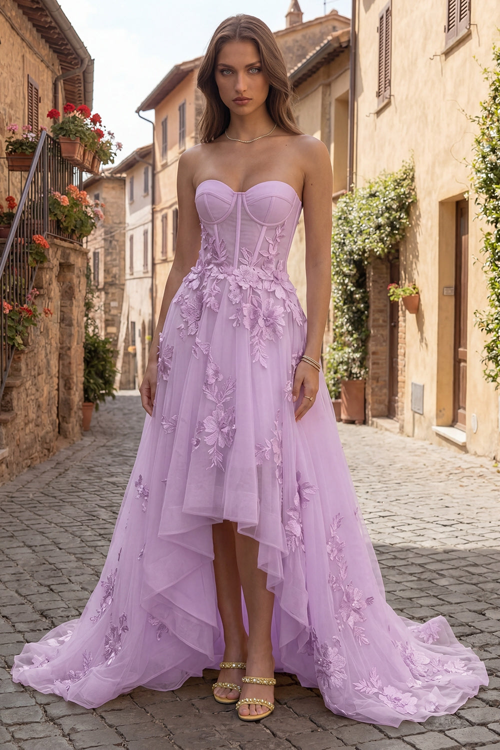 Yellow Strapless A Line Tulle Corset High-Low Prom Dress with Floral Embroidery