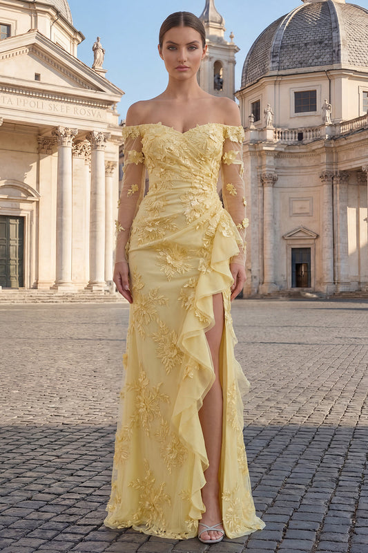 Yellow Sheath Off the Shoulder Floral Embroidery Tulle Long Prom Dress with Ruffled Slit