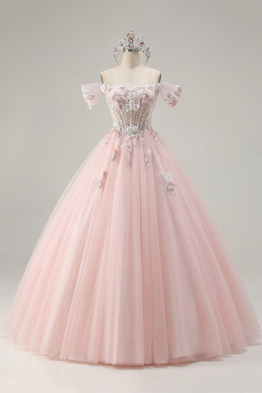 Off the Shoulder Pink Appliqued Ball Gown Quinceanera Dress