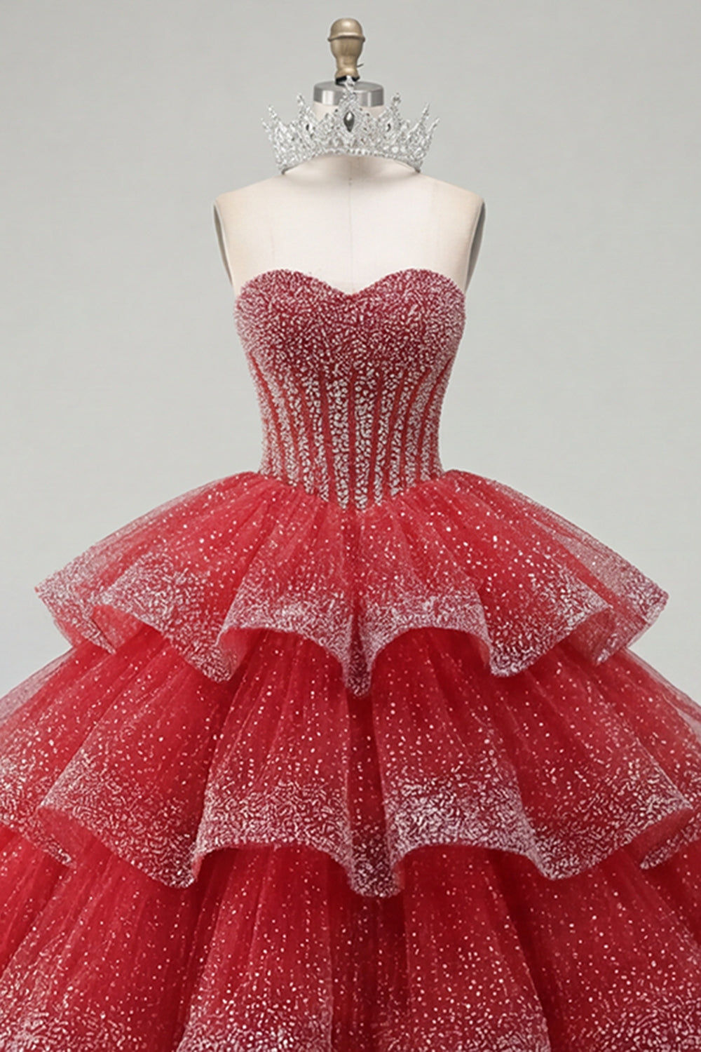 Tiered Ball Gown Strapless Red Beaded Quinceanera Dress