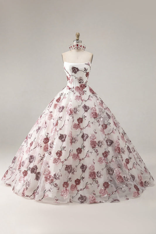 Ball Gown Strapless Corset White Red Floral Quinceanera Dress