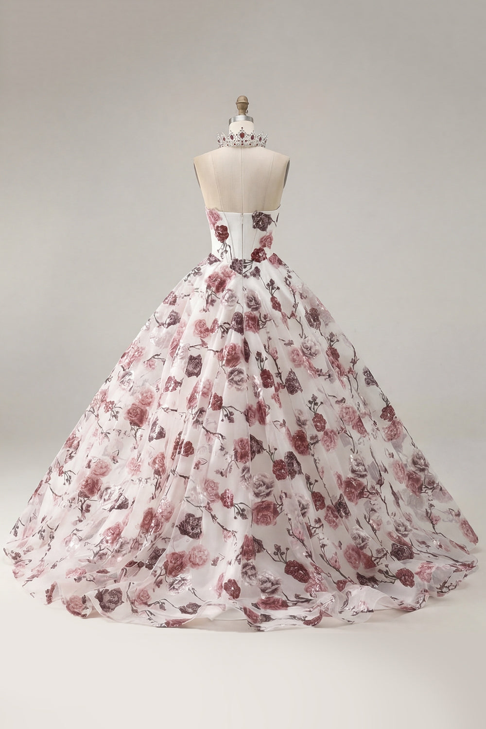 Ball Gown Strapless Corset White Red Floral Quinceanera Dress