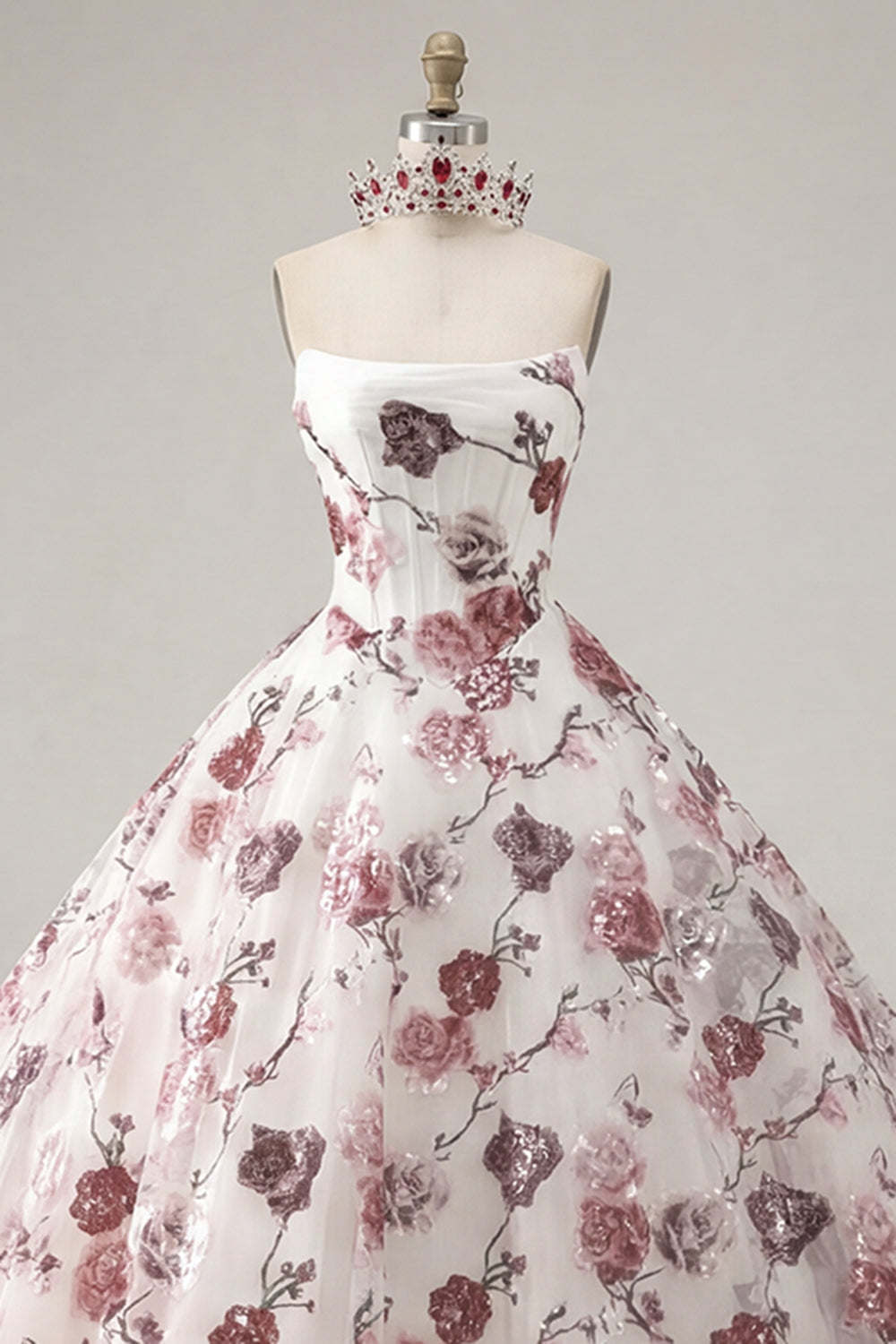 Ball Gown Strapless Corset White Red Floral Quinceanera Dress