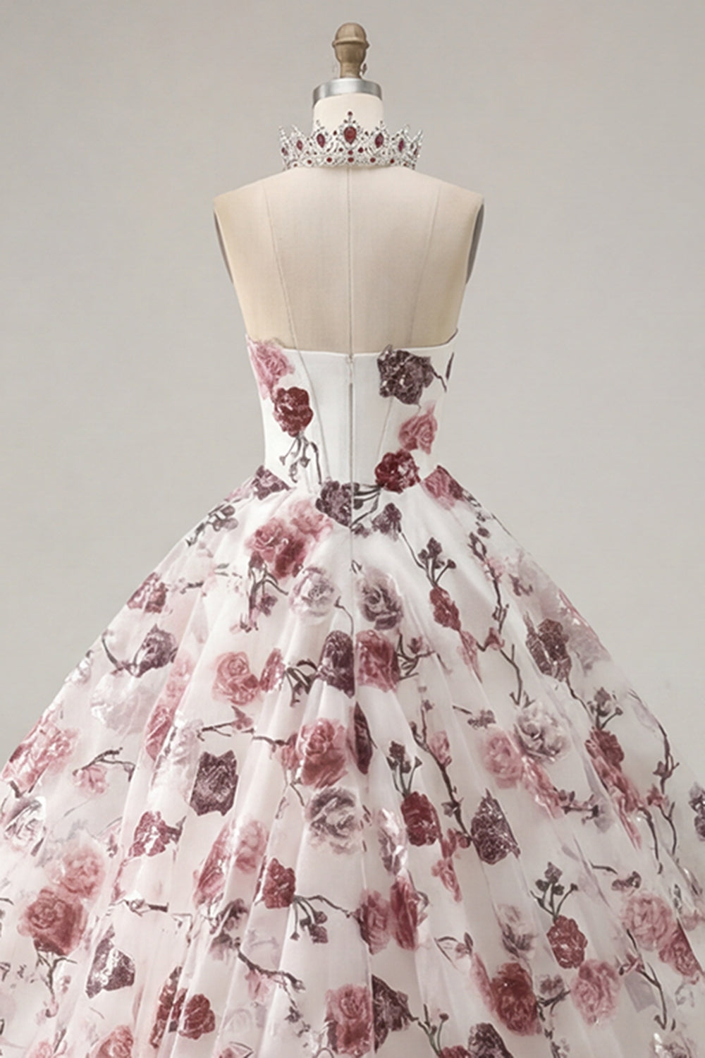 Ball Gown Strapless Corset White Red Floral Quinceanera Dress