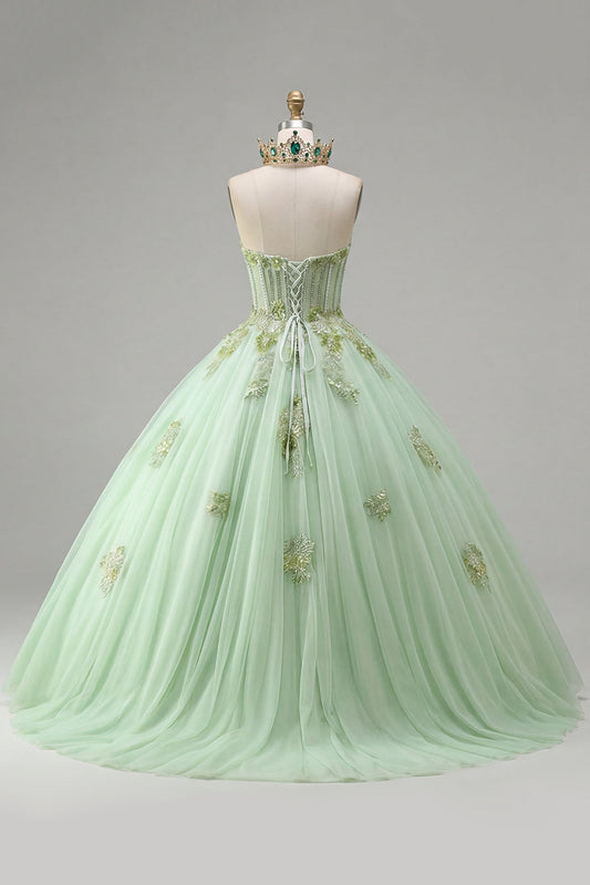 Ball Gown Strapless Corset Green Appliqued Quinceanera Dress