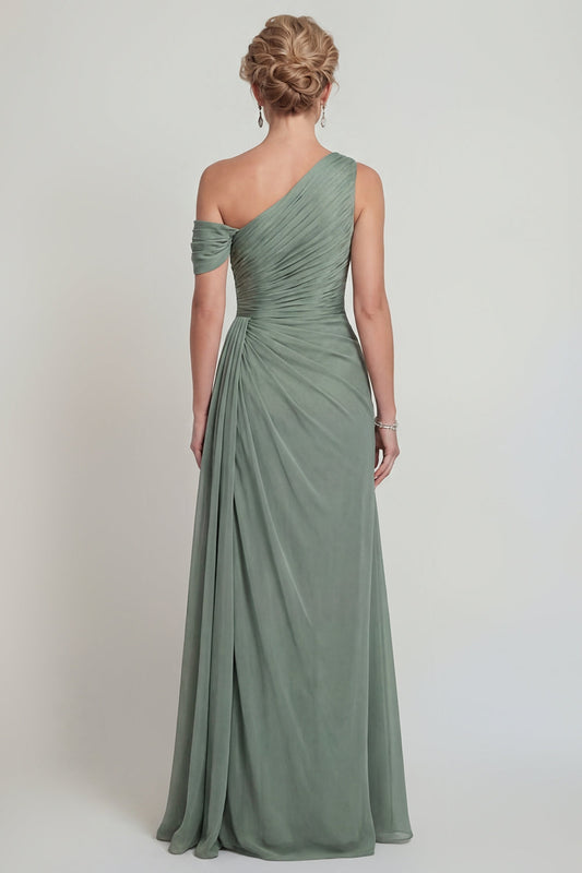 Dusty Sage One Shoulder A Line Ruched Chiffon Mother of the Bride Dress with Slit