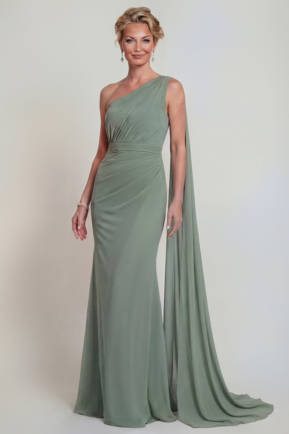 Dusty Sage Mermaid Chiffon One-Shoulder Mother of the Bride Dress with Side Cape