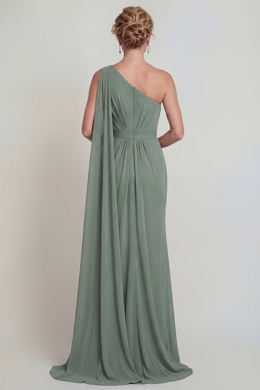 Dusty Sage Mermaid Chiffon One Shoulder Mother of the Bride Dress with Side Cape