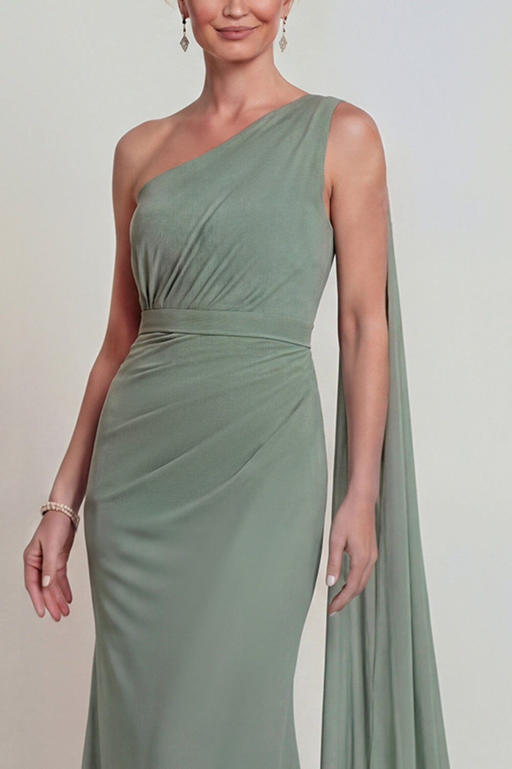 Dusty Sage Mermaid Chiffon One-Shoulder Mother of the Bride Dress with Side Cape