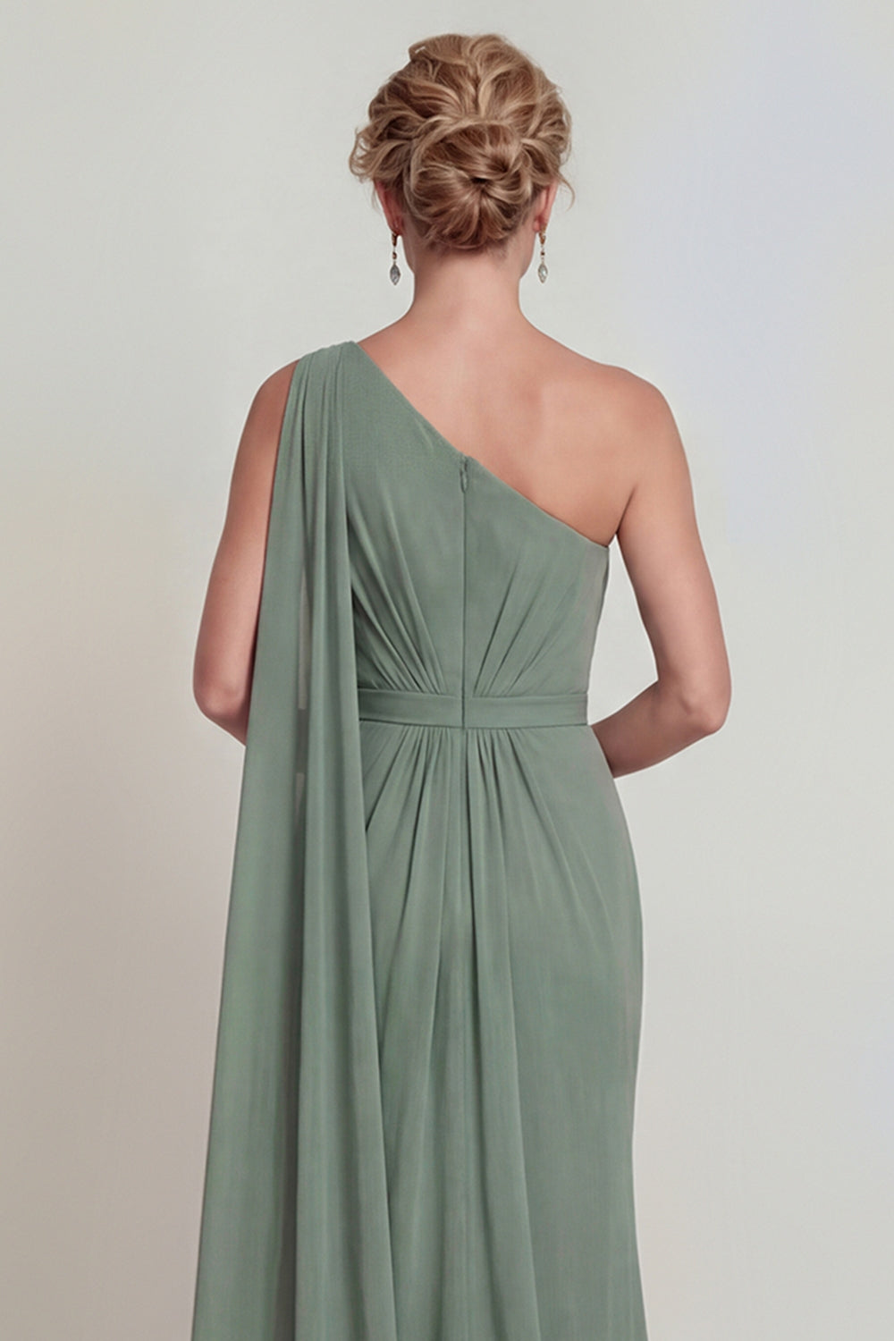 Dusty Sage Mermaid Chiffon One-Shoulder Mother of the Bride Dress with Side Cape