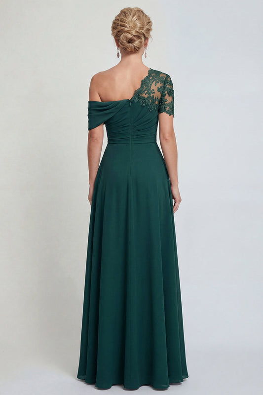 Dark Green One Shoulder A Line Appliqued Mother of the Bride Dress with Slit