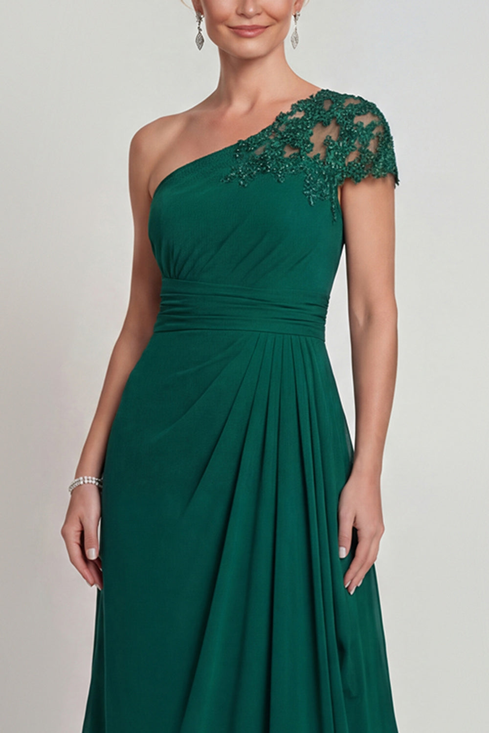 One Shoulder Dark Green Chiffon A-Line Long Mother of the Bride Dress