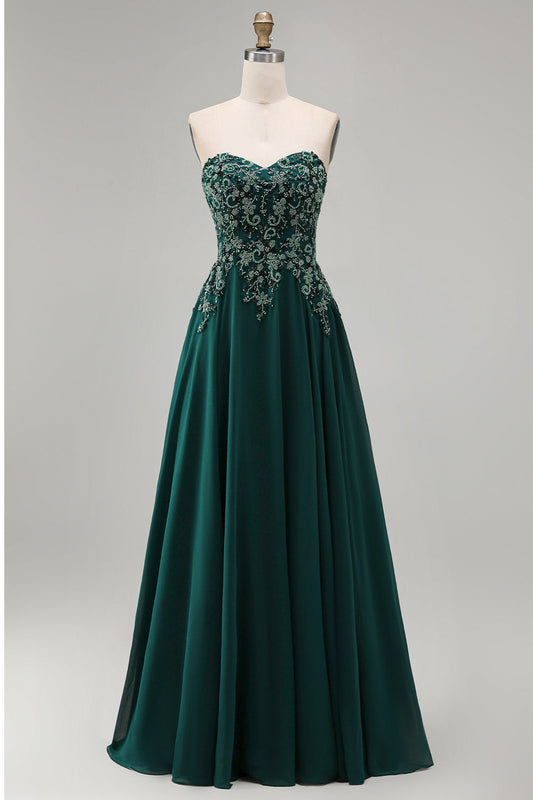 Dark Green Strapless A-Line Floral Beaded Long Formal Dress