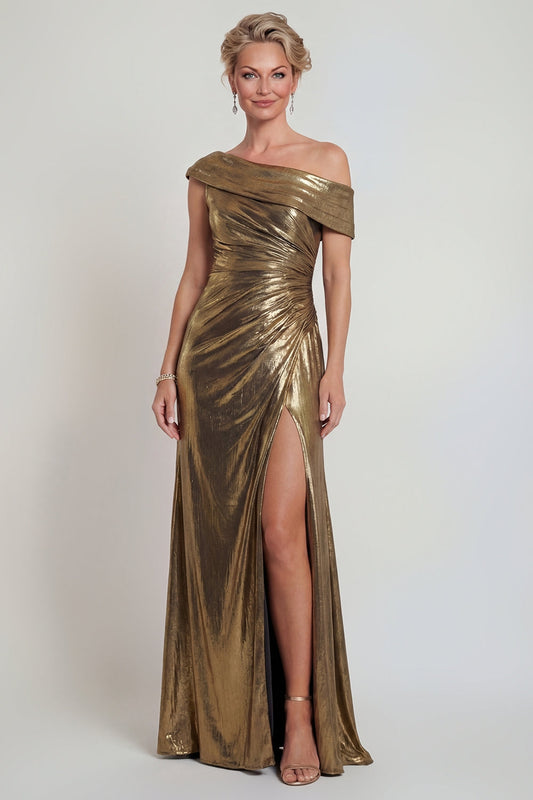 Metallic Golden Ruched Sheath One-Shoulder Mother of the Bride Dress with Slit