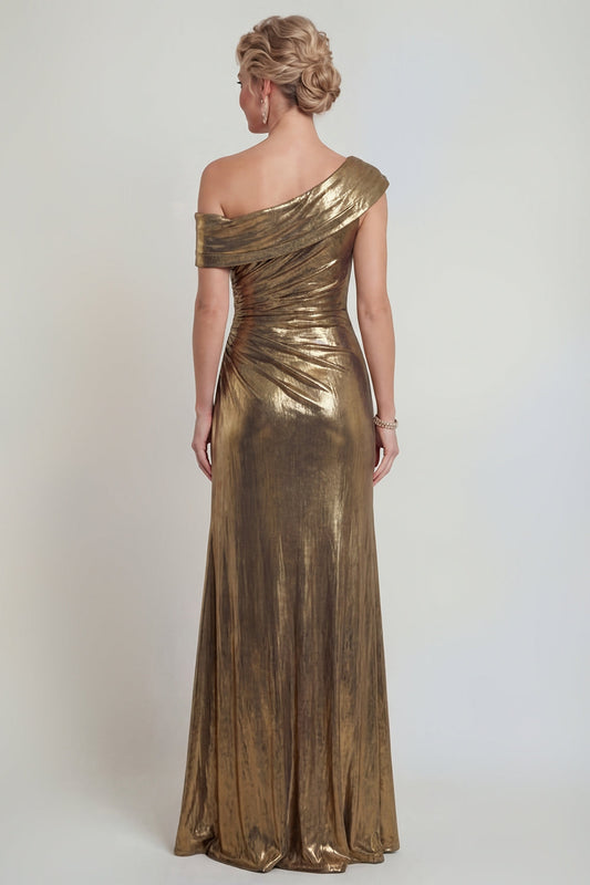 Metallic Golden Ruched Sheath One-Shoulder Mother of the Bride Dress with Slit