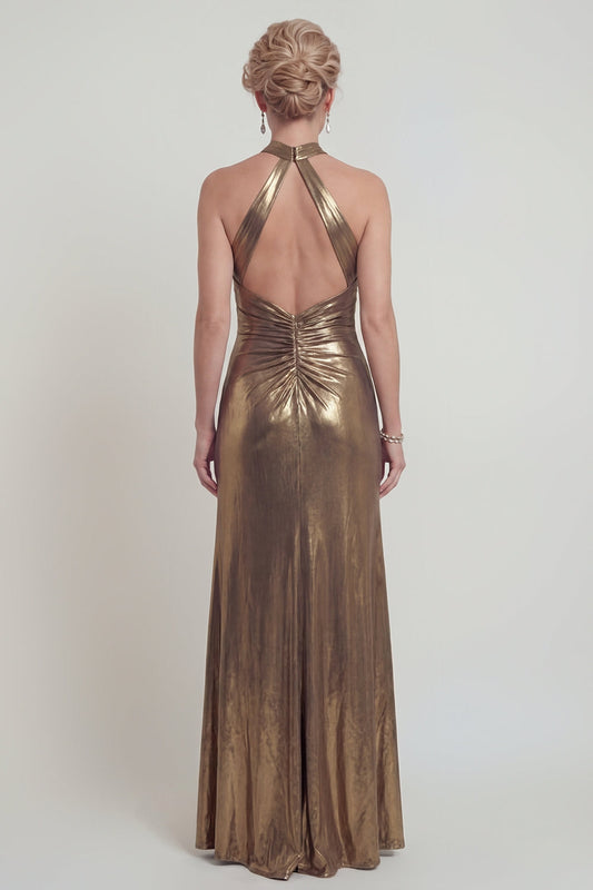 Halter Metallic Gold Sheath Open Back Mother of the Bride Dress with Slit