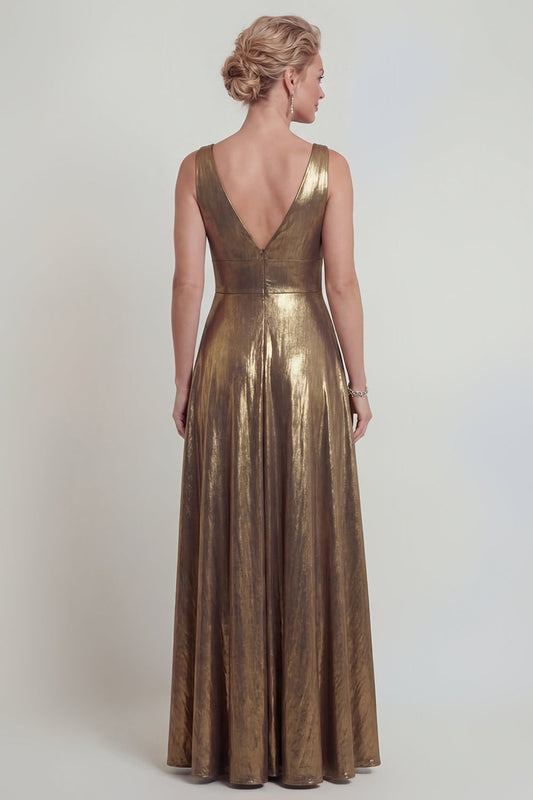 Golden A-Line Metallic V-Neck Long Mother of the Bride Dress