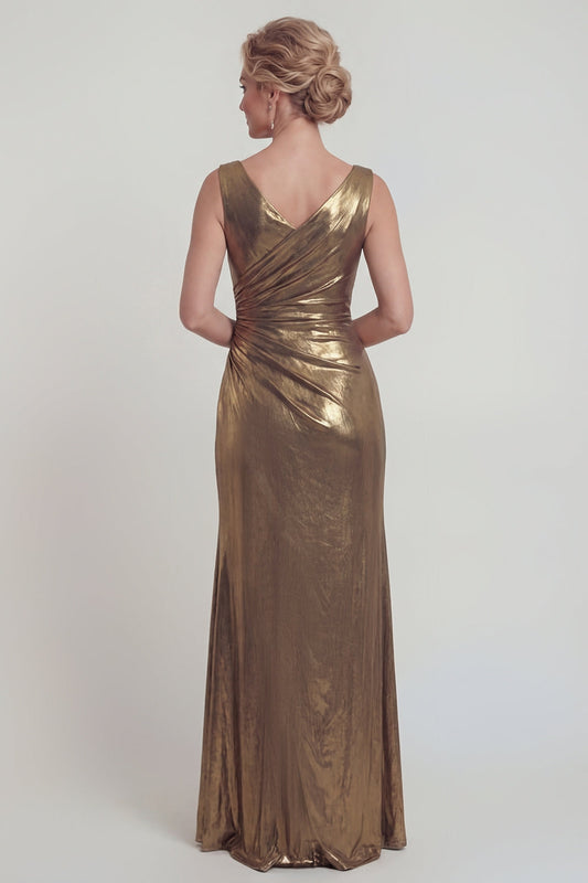 Golden Sheath Ruched Metallic Satin Mother of the Bride Dress with Slit