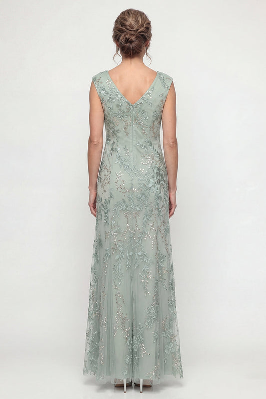 Green Embroidered A Line V Neck Long Mother of the Bride Dress with Sequins